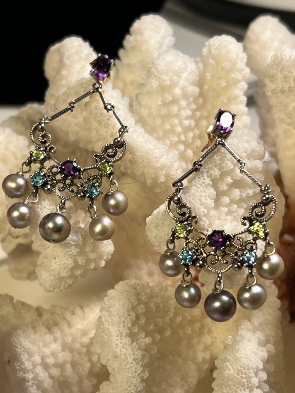 Vintage sterling silver Chandelier earrings w/intricate filigree accents, 11.5gm - Picture 7 of 10